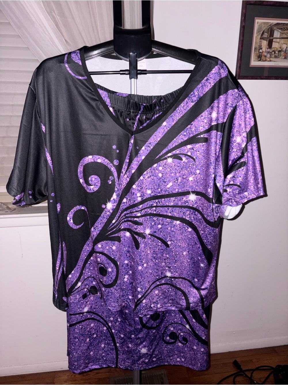 Women’s V-Neck Purple and Black Decorative Print Top and midi skirt